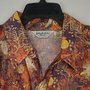 LILLY DACHE Metallic Bronze Orange Brown Abstract XL Short Sleeve Shirt RARE VTG